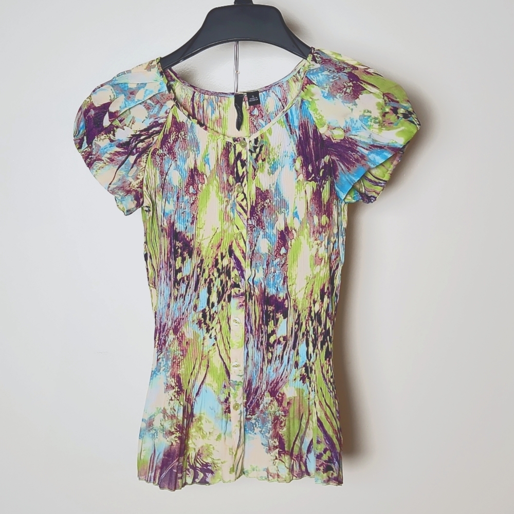 Essentials by Milano Blouse Multi-color Watercolor Puff Sleeve Button up…